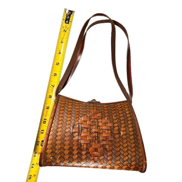 Vintage Wooden & Woven Leather Handbag Purse Brass Latch Hinges Straps - Picture 11 of 16
